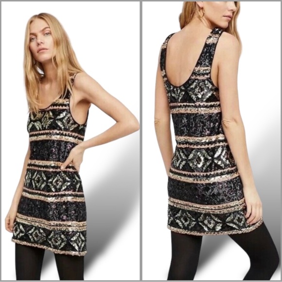 🥂 Free People Fully Sequined Mini Dress Aztec /Geo Design M Black Gold Silver - Picture 9 of 10